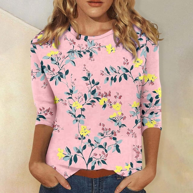 Économies d'Été en Liquidation! Hauts Fatuov pour Femmes Imprimé Floral Décontracté Col Rond Manches 3/4 Chemises Blouses Roses