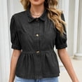 thumbnail image 5 of Karymi Womens Summer Tops Denim Peplum Blouse, Collar Short Sleeve Button-Down Shirt, Puff Sleeve Ruffled Hem Babydoll Top T Shirts for Women, 5 of 8