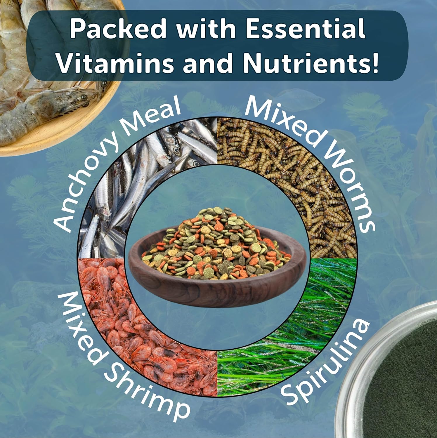 3.5mm - 1/8" 4-Type Sinking Wafer Mix of Spirulina-Algae, Worm, Shrimp, Color Enhancing Wafers for Shrimp, Snails All Tropical Fish 14.8oz Canister