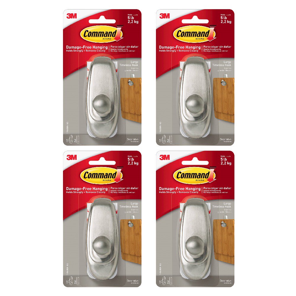 Command Large Decorative Timeless Hook Holds 5 lb Damage Free Brushed Nickel, 4 Pack Walmart