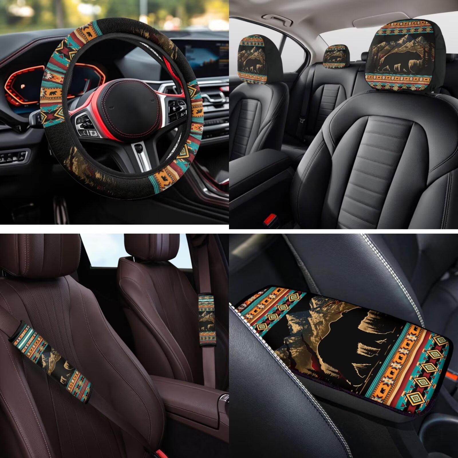 Binienty Western Aztec Car Seat Covers Front and Back Full Set 14 Pieces Auto Interior Set Brown Bear Car Seat Covers With Matching Steering Wheel Cover Elastic Washable Seatbelt Pad