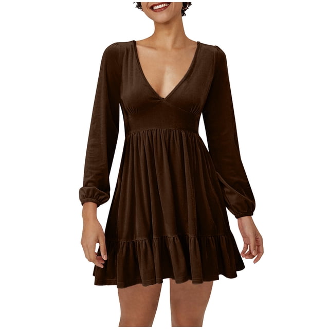 QIPOPIQ Robe à Manches Longues pour Femme à Col en V Robe Décontractée Robe à Col en V à Manches Longues Robe Longue à Taille Liquidation