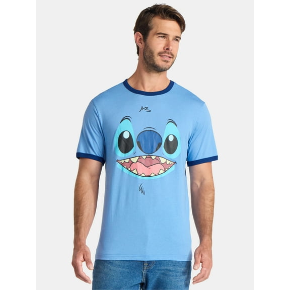Disney Men's Stitch Blue Ringer Tee with Short Sleeves, Sizes S-2XL