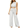 thumbnail image 5 of Women 2 Piece Summer Polka Dot Matching Outfit Set, Sleeveless Crop Top Tie Waist High Rise Wide Leg Pants Slim Fit Casual Vacation Tracksuit White S(S), 5 of 6