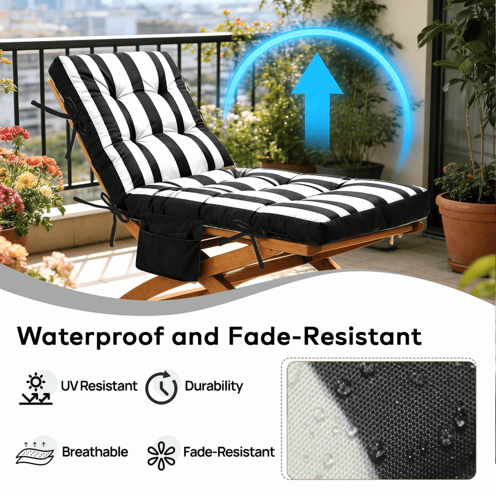 PUKNLY Chaise Lounge Chair Cushion Outdoor, 67*22*4 in Thickened Leisure Lounge Deck Chair Cushion, Waterproof & Fade-Proof Patio Pool Sun Lounger Pad with Straps, Bag, for Pool, Beach, Balcony