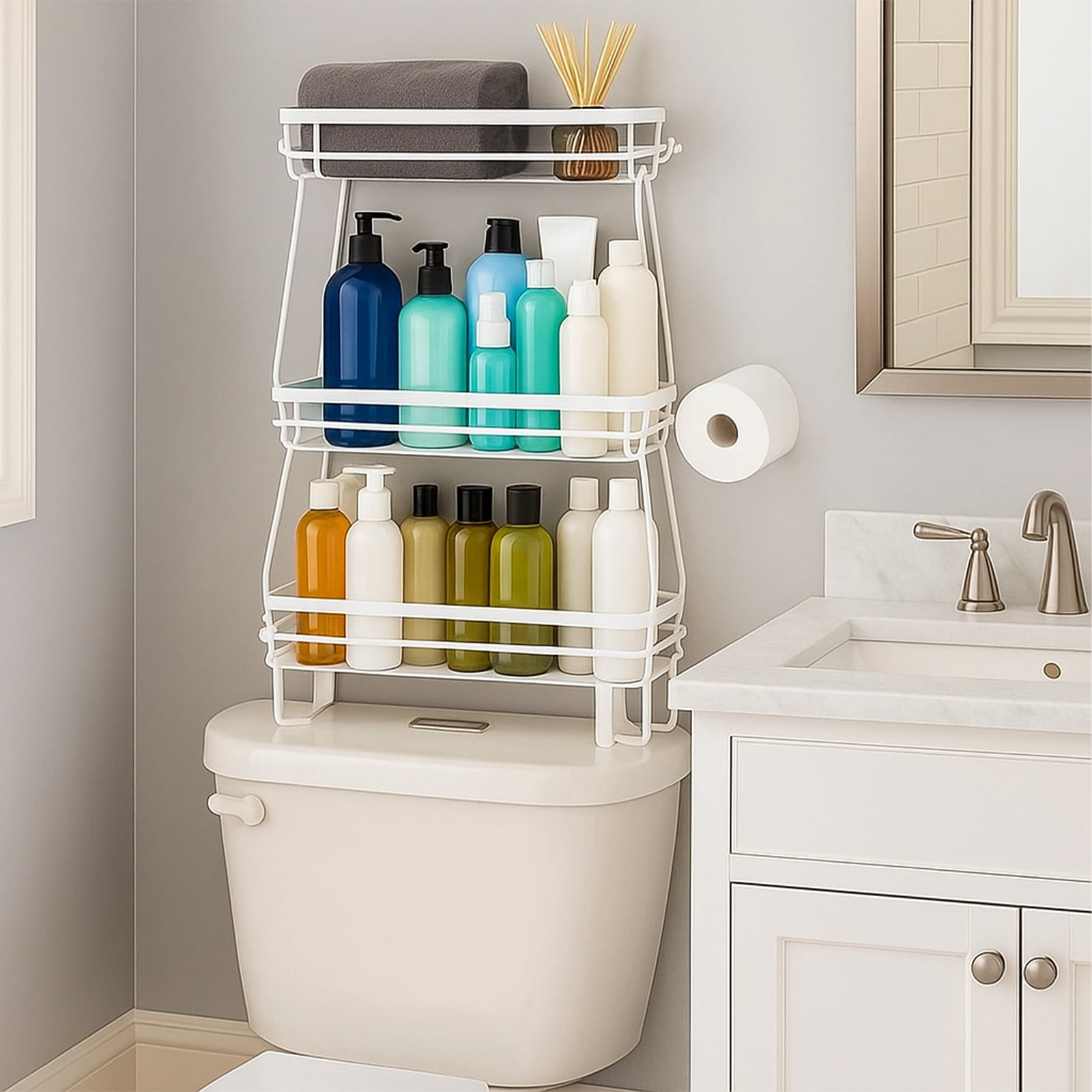 YOYTOO Over the Toilet Storage Shelf, 3 Tier Freestanding Bathroom Caddy Organizer Behind Toilet Stand Shelves Towel Rack with Toilet Paper Roll Holder, White