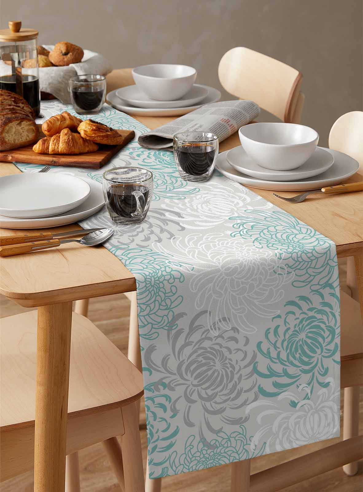 Table Runners 48 Inches Long Dress Scarves, Aqua White Farmhouse Kitchen/Dining Table Runner, Short Coffee Tablerunners, Abstract Grey Chrysanthemum Flower Floral 13x48 Inch