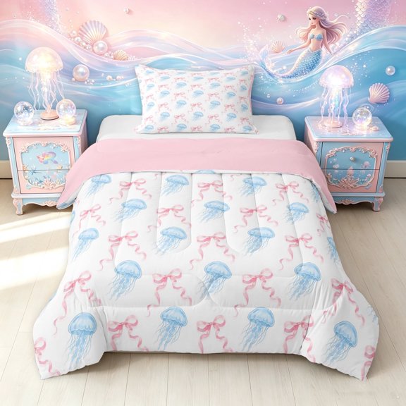 meiyoeat Kawaii Blue Jellyfish Twin Comforter Sets for Girls, Pink Watercolor Bow Ribbon Bedding Set, Pink Reversible, 2pcs, 1 Comforter and 1 Pillowcase