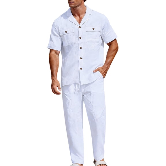 StSilkitty Mens 2 Piece Sets Solid Color Short Sleeve Button down Collared Shirts and Pants Outfits with Pockets Lightweight Casual Set
