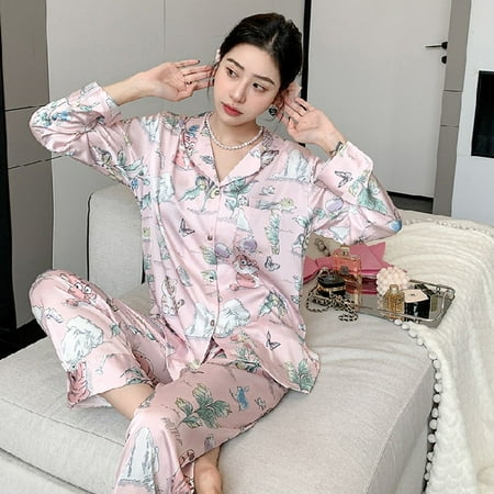 

PIKADINGNIS Spring Summer Ladies Faux Silk Pajama Sets Sexy Homewear Clothes Womens Casual Luxury Pajamas Thin Female Sleepwear Set