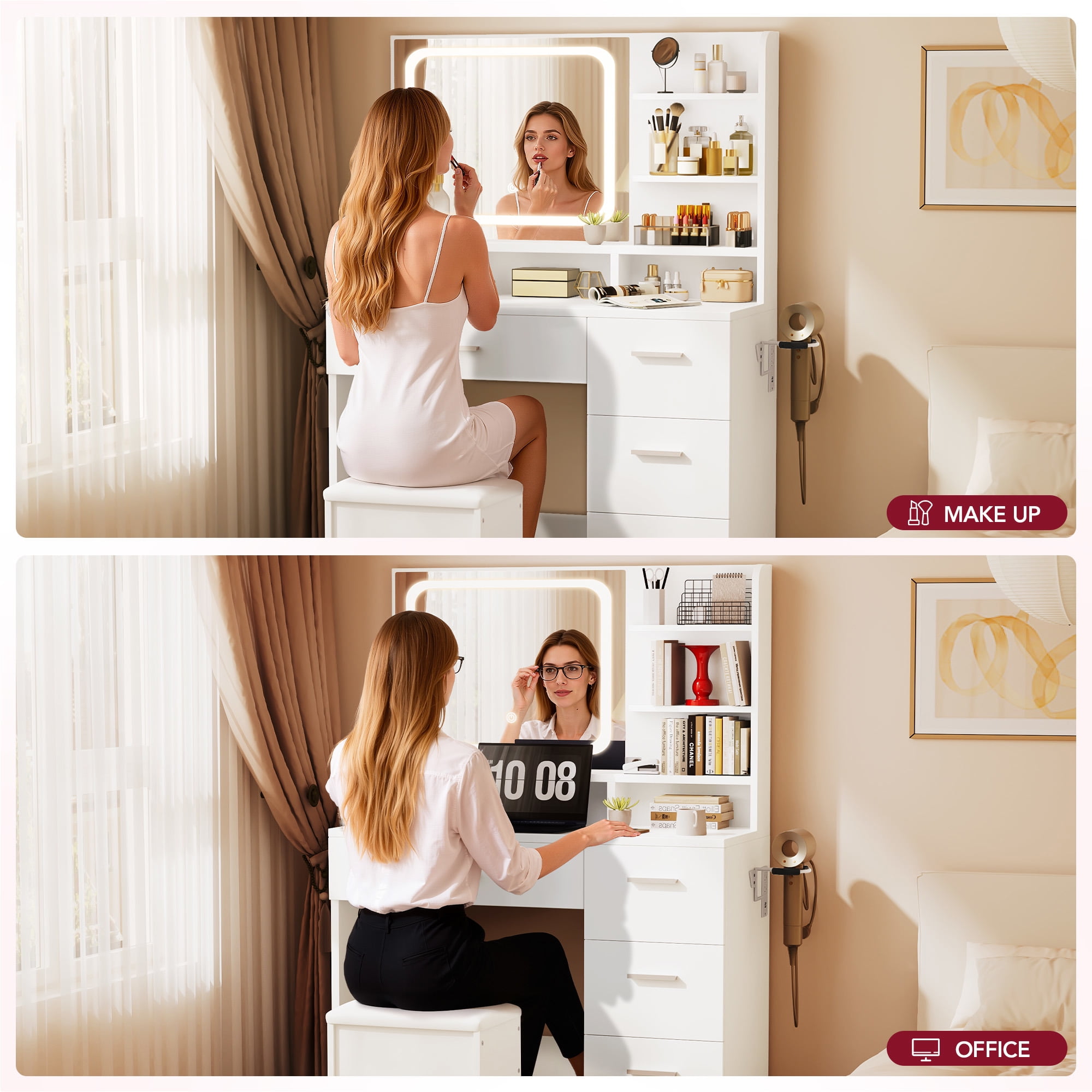 LIVELYGLOW Vanity Desk with Smart LED Mirror & Stool, Makeup Vanity Set with Adjustable Lighting, Built-in Power Outlet, Large Storage Drawer, Modern Minimalist Dressing Table for Bedroom,White