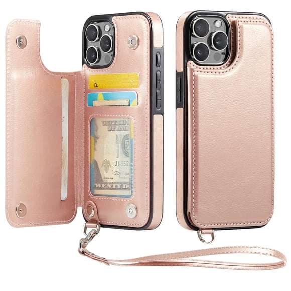 Funda cartera Wefor para iPhone 15 Pro con tarjetero, color oro rosa