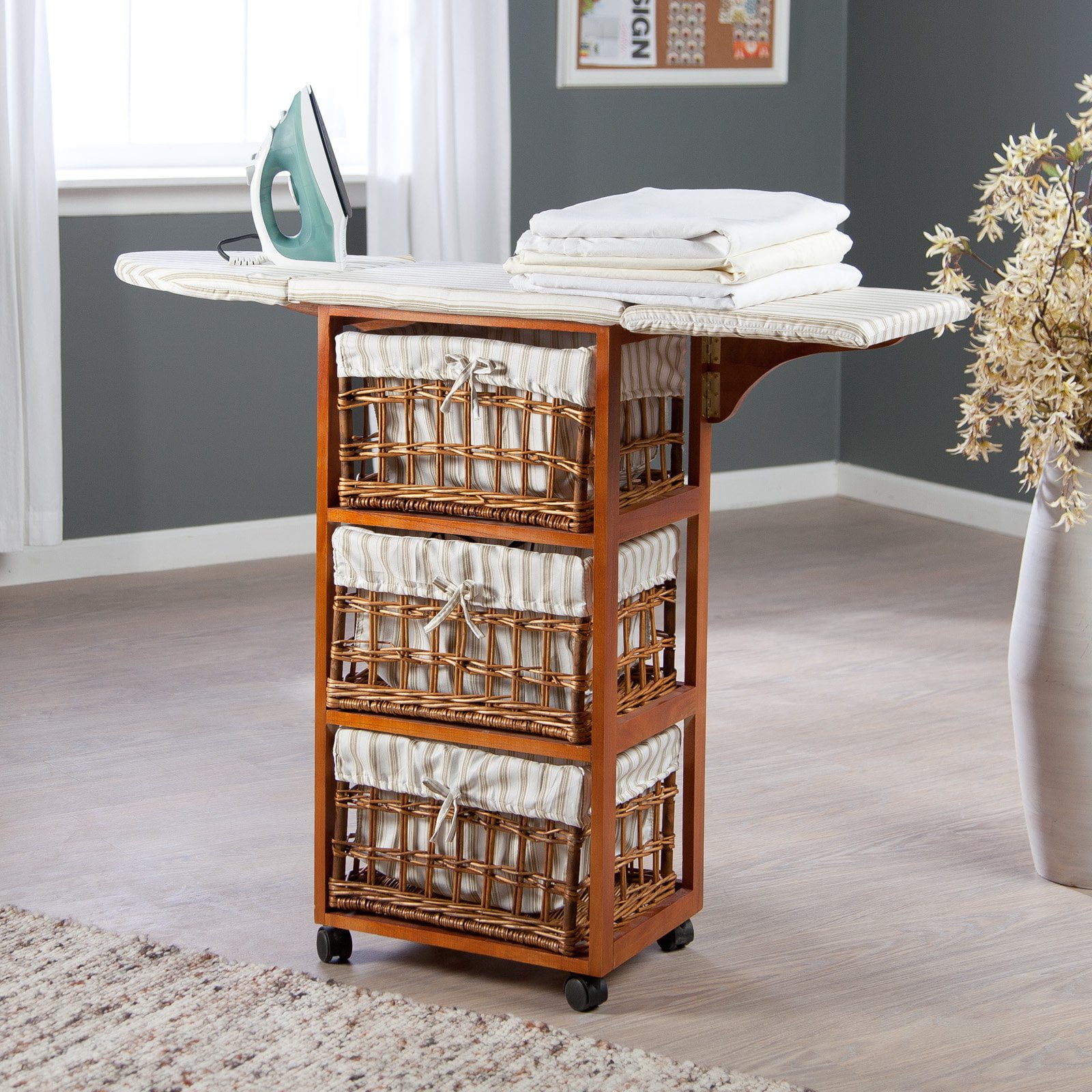 Showtime Wood Wicker Ironing Board Center With Baskets