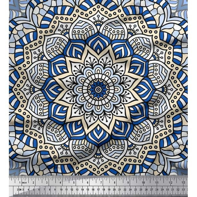 Soimoi Polyester Crepe Fabric Moroccan & Mandala Kaleidoscope Fabric Prints by Yard 52 Inch Wide
