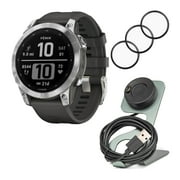 Garmin Fenix 7 Standard Edition Multisport GPS Watch (Silver with Graphite Band) Bundle with Portable Charger Stand and Screen Protector Film ( 3 Items)