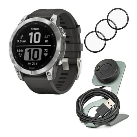 Garmin Fenix 7 Standard Edition Multisport GPS Watch (Silver with Graphite Band) Bundle with Portable Charger Stand and Screen Protector Film ( 3 Items)