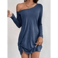 thumbnail image 6 of Womens One Shoulder Tunic Long Sleeve Solid Twist Hem Mini Dress Dressy Casual Loose Spring Summer Dress Blue L, 6 of 9