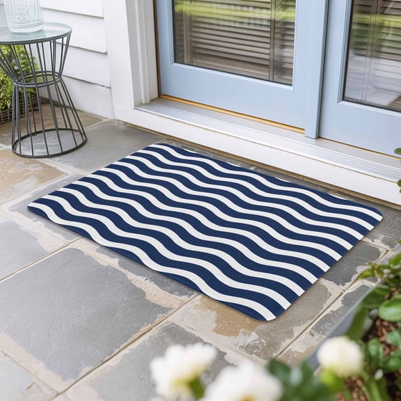 Navy Blue Moire Door Mat Indoor Outdoor, Water Ripple Stripe Farmhouse Non Slip Welcome Mat with Rubber Backing, Absorbent Fabric Front Door Mats Entryway Rug for Home Patio Entrance 18"x30"