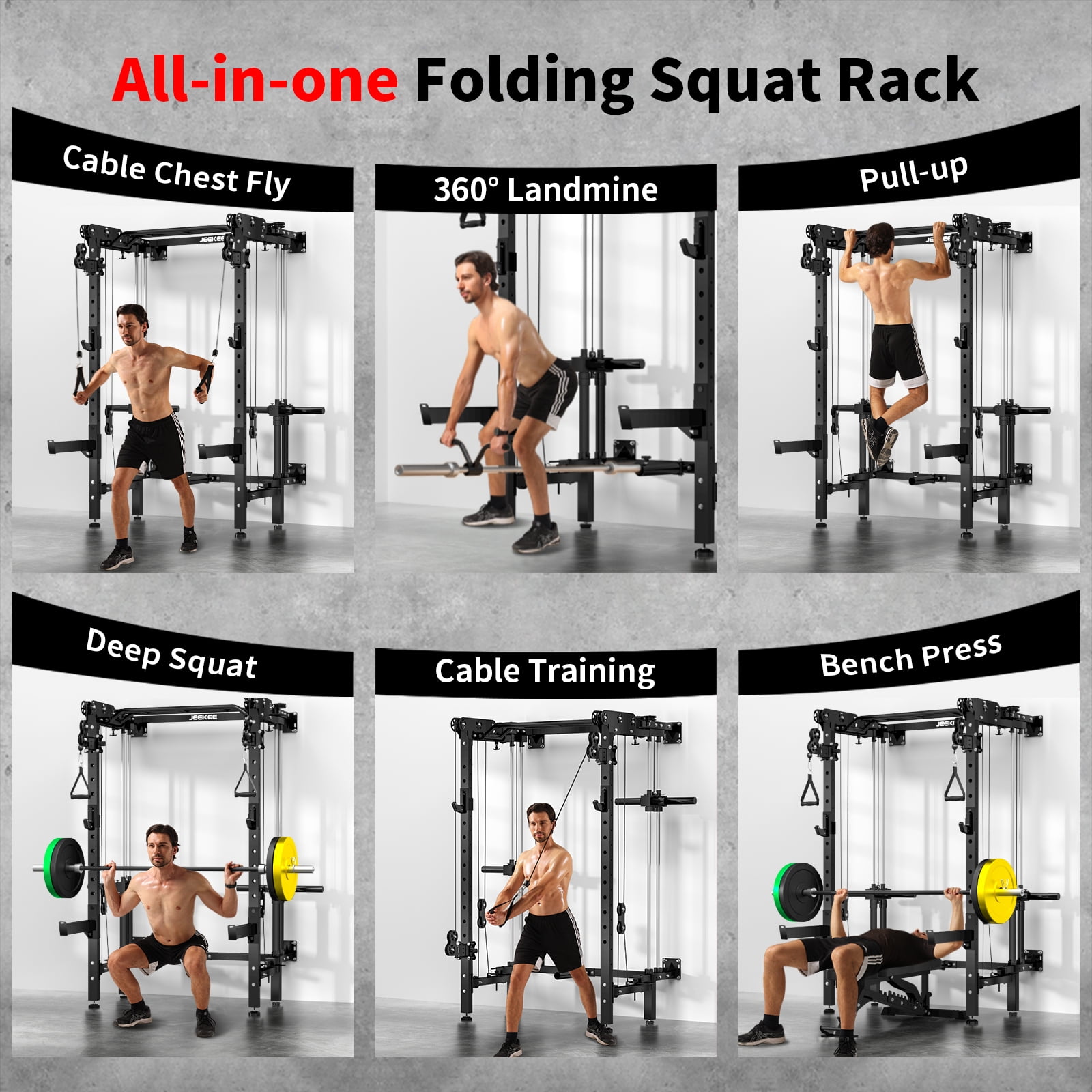 BOGYKIK H16 Folding Wall Mounted Power Rack with Dual Pulley System for Home Gym, Black