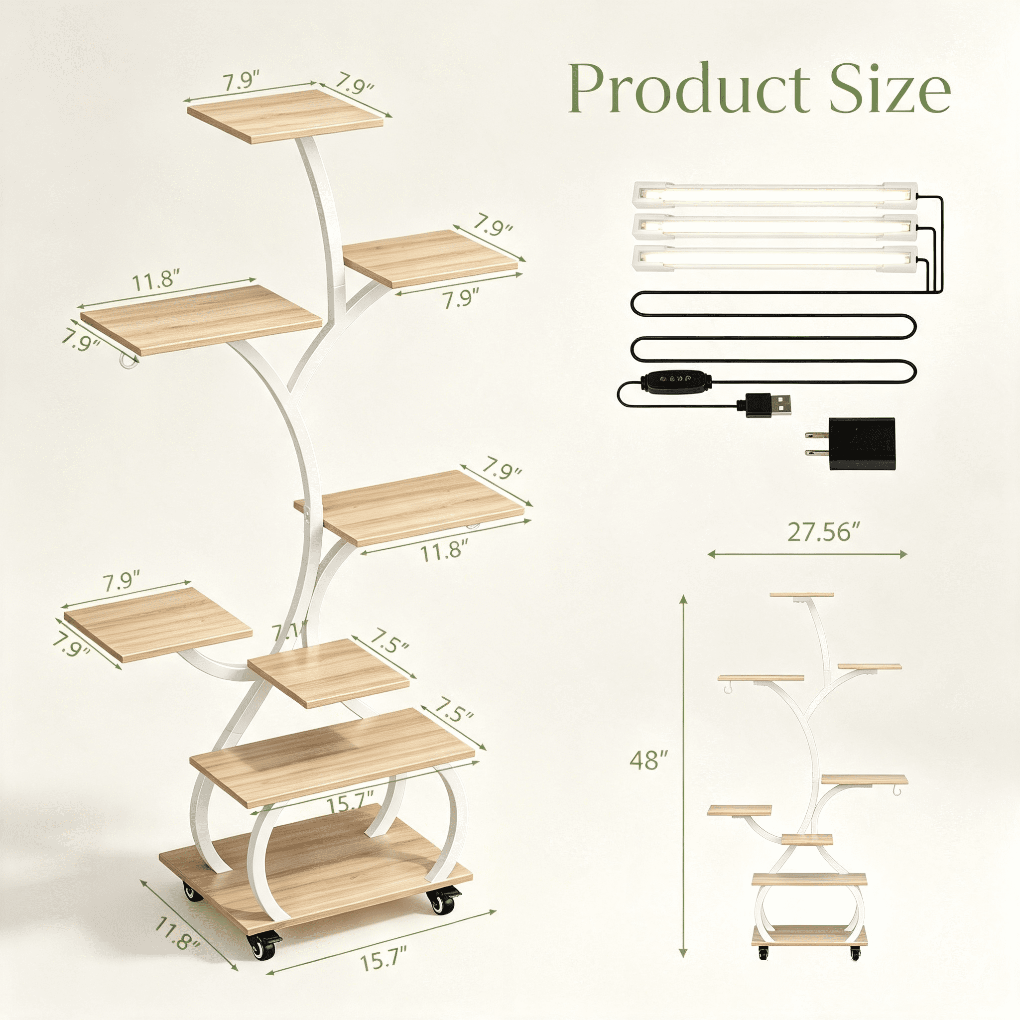 Tree Shaped Plant Stand with Full Spectrum Grow Light, White Metal Frame Plant Shelf with Lockable Wheels, 8-Tier Wooden Display Rack for Indoor Plants, 48x27.6x11.8 Inches