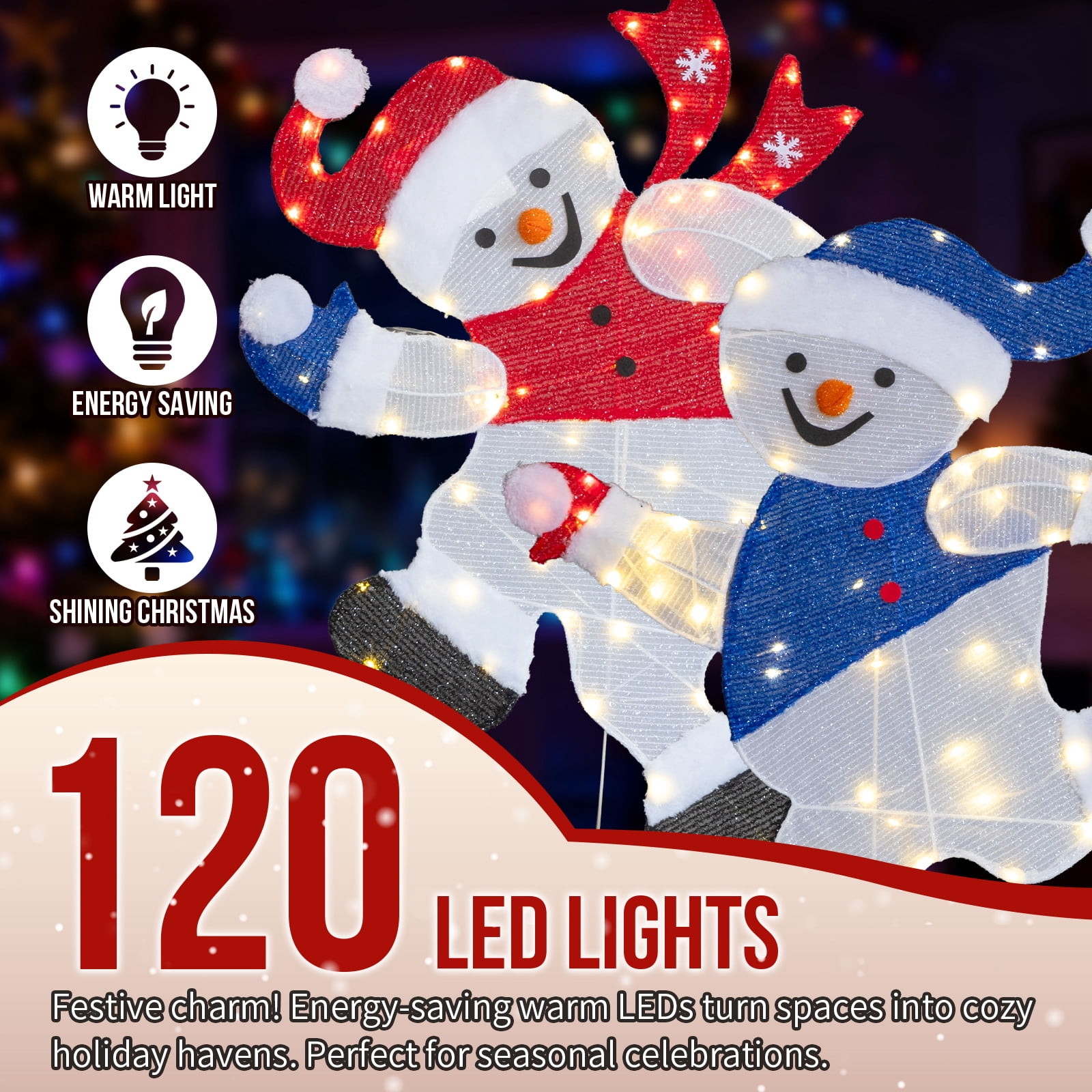 Astoutdoor Set of 2 Lighted Running Snowman Christmas Decorations, Pre-lit 2D Holiday Decor with 120 Warm White LED Lights for Indoor Outdoor Display