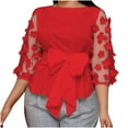thumbnail image 2 of Summer Saving Wycnly Womens Tops Dressy Casual Going out Elegant Mesh Patchwork Plus Size Elastic Waist Tunic Shirts with Belt Summer 3/4 Sleeve Round Neck Tops Solid Blouse Red XL, 2 of 4