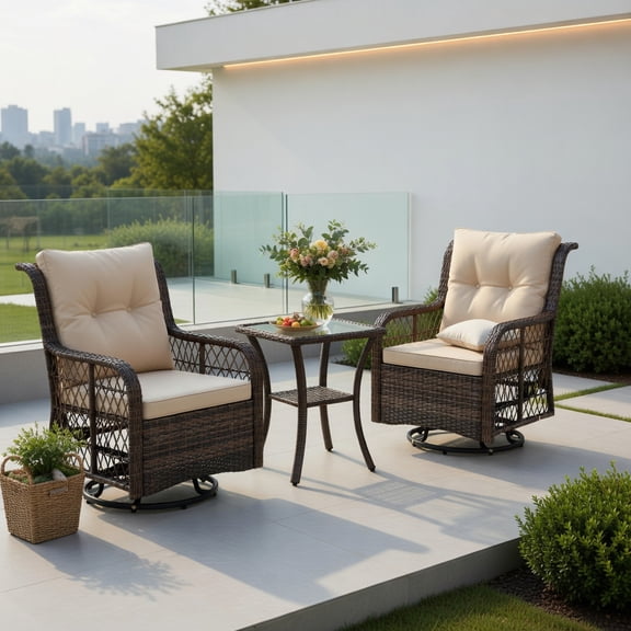 Spaco 3 Pieces Patio Furniture Set with 2-Tier Side Table and Cushions, PE Wicker Swivel Glider Chairs for Patio, Garden, Backyard, Brown