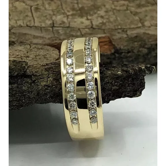 Men's 2.00Ct Round Cut Simulated Diamond Two Row Men's Valentine Wedding Band Ring 14K Yellow Gold Plated Silver