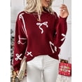 thumbnail image 2 of Women's Crew Neck Bow Jacquard Knit Sweater, Drop Shoulder Long Sleeve Loose Pullover Top for Christmas Holiday, 2 of 11