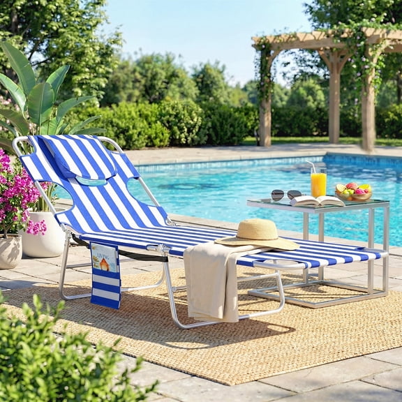 Outsunny Folding Beach Lounge Chair with Face Hole and Arm Slots, 5-level Adjustable Sun Lounger Tanning Chair with Pillow, Blue Stripes