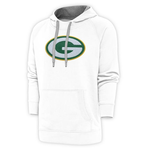 Men's Antigua White Green Bay Packers Victory Chenille Pullover Hoodie