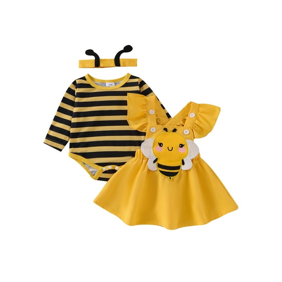 Newborn Baby Girl Halloween Outfit Long Sleeve Romper Bodysuit Suspender Skirt Headband Set Cute Fall Winter Clothes