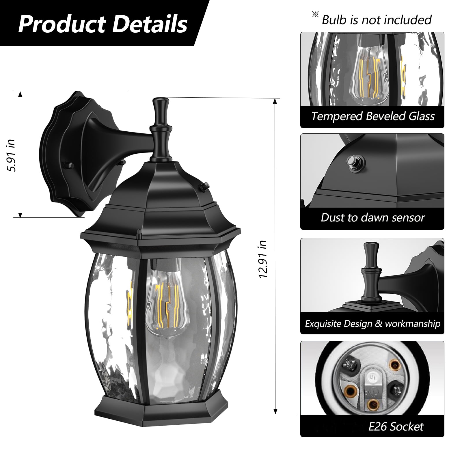 GEYANG Outdoor Wall Sconces Dusk to Dawn, Waterproof Porch Light Fixture Wall Mounted Lighting for Doorway Patio Garage Entryway, Aluminum Housing Plus Clear Water Glass(excluding light bulbs)