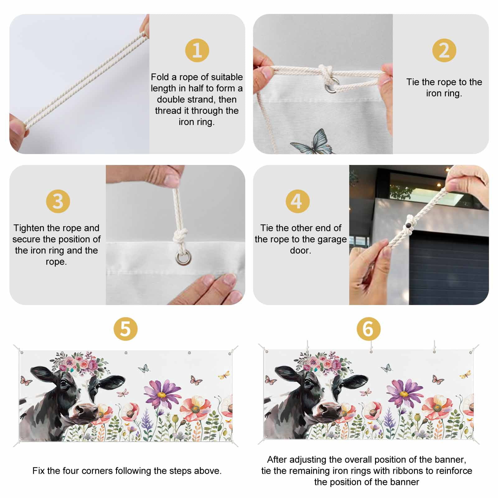 Cow Flower Garage Door Cover Banner 7 x 16 FT, Farmhouse Cattle Botanical Butterfly Floral Garage Door Curtains Backdrop with Grommets for Indoor Outdoor Wall Party Porch Yard Decorations Background
