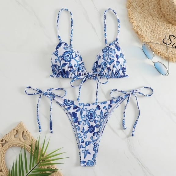 Blue Navy Floral Bikini Women's Two Piece Tie-up Swimsuit Swimwear Bathsuit 2024