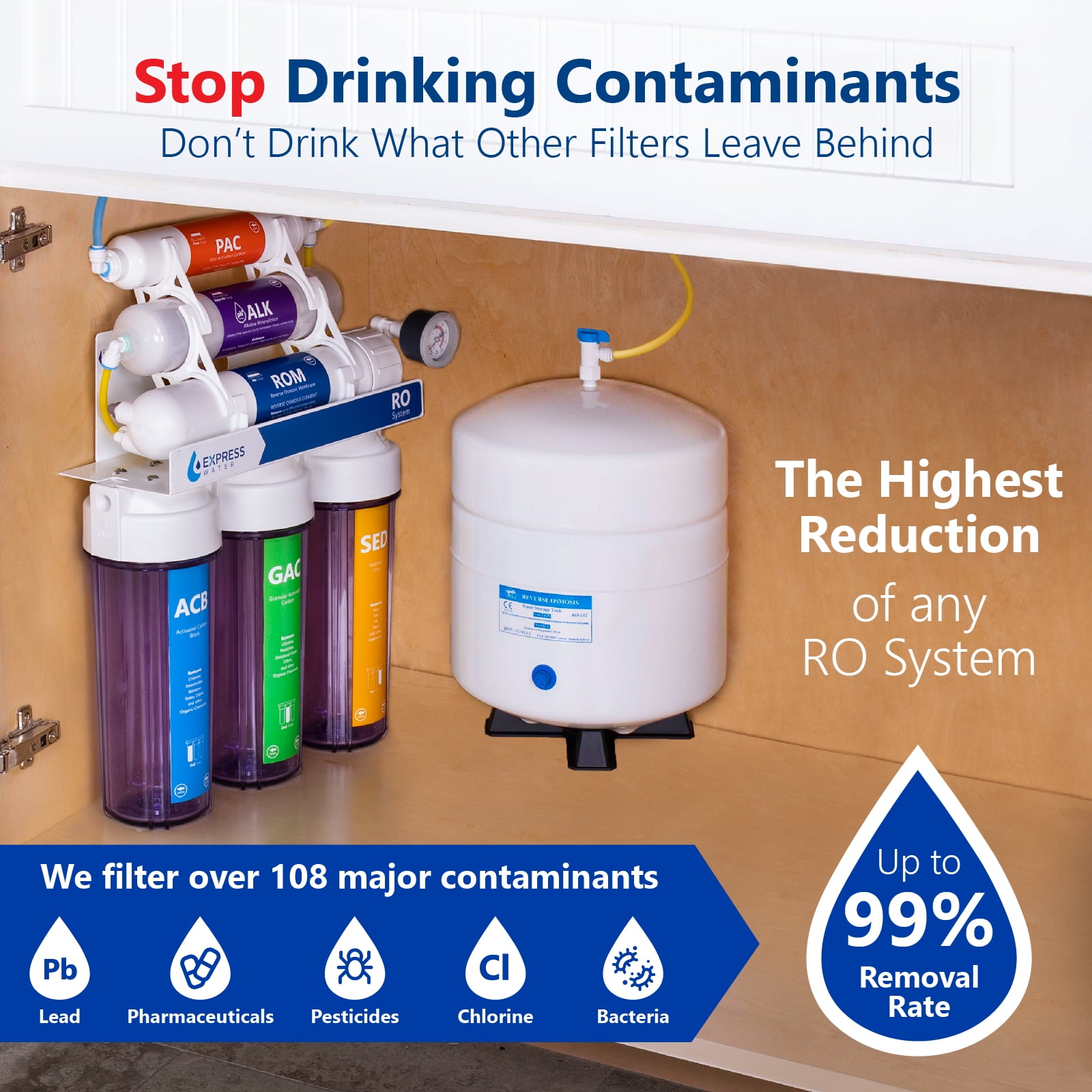 Express Water 10 Stage Home Drinking Filtration System Alkaline pH+ Reverse Osmosis 100 GPD RO Membrane Clear Housing Modern Chrome Faucet Pressure Gauge Residential Under Sink Purification ROALK10MCG