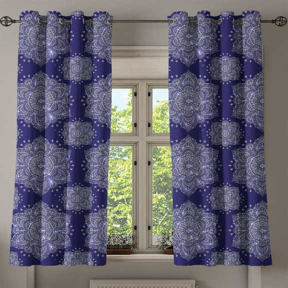 Ambesonne Ethnic Grommet Curtain, Floral Round Retro Ornament, 50" x 54", Lavender Blue Indigo