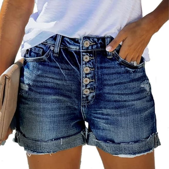 Women's Ultra High Waisted Button Denim Shorts Rolled Hem Vintage Washed A Line Casual Jean Shorts Dark Blue M