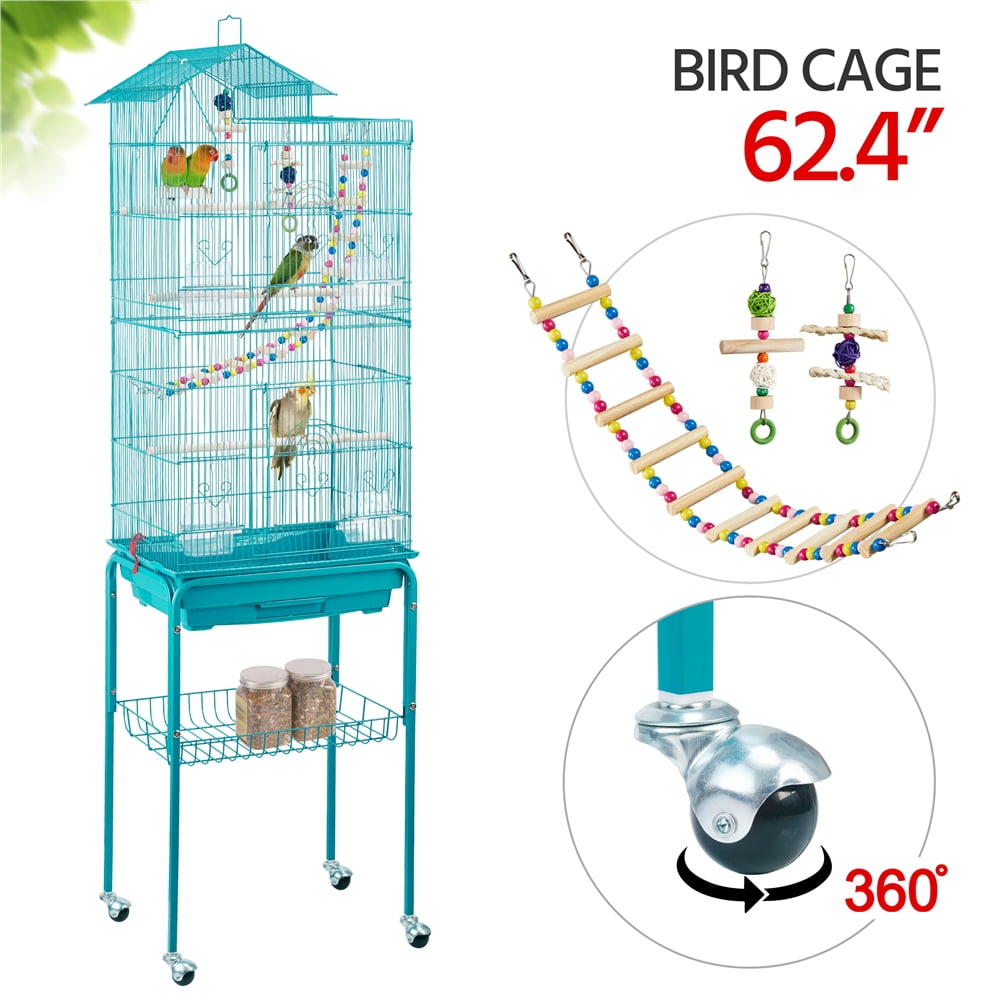 Alden Design 62.4"H Metal Rolling Mid-Size Bird Cage with Detachable Stand, Teal Blue