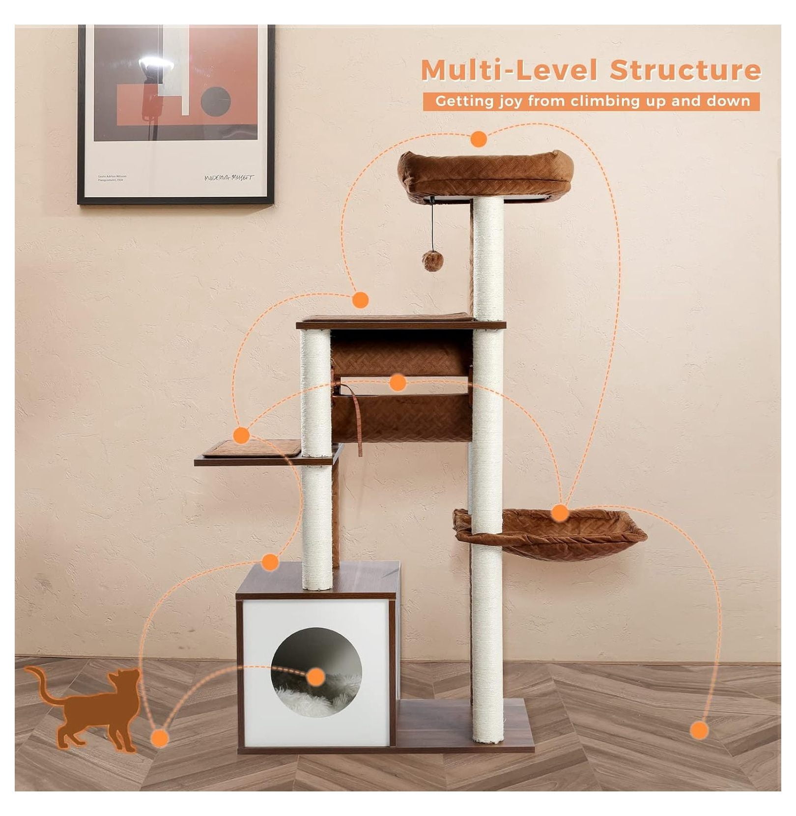 Cat Tree 51.4 Inch Modern Wooden Cat Tower, 6 Levels with Sisal Scratching Posts, Condo, Perch, Hammock & Tunnel - Brown