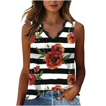 

Summer Tops for Women Summer Striped Lace Patchwork V Neck Sleeveless Tank Shirts Maternity Tank Tops for Pregnancy