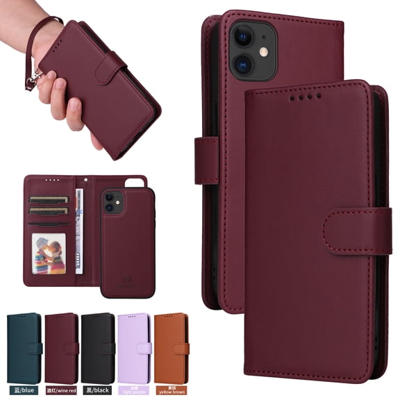 Detachable Wallet Case for iPhone 16 Plus RFID Blocking Card Slots Holder Premium PU Leather Magnetic Clasp Flip Kickstand Shockproof Wrist Strap Removable Flip Protective Cover,Winered