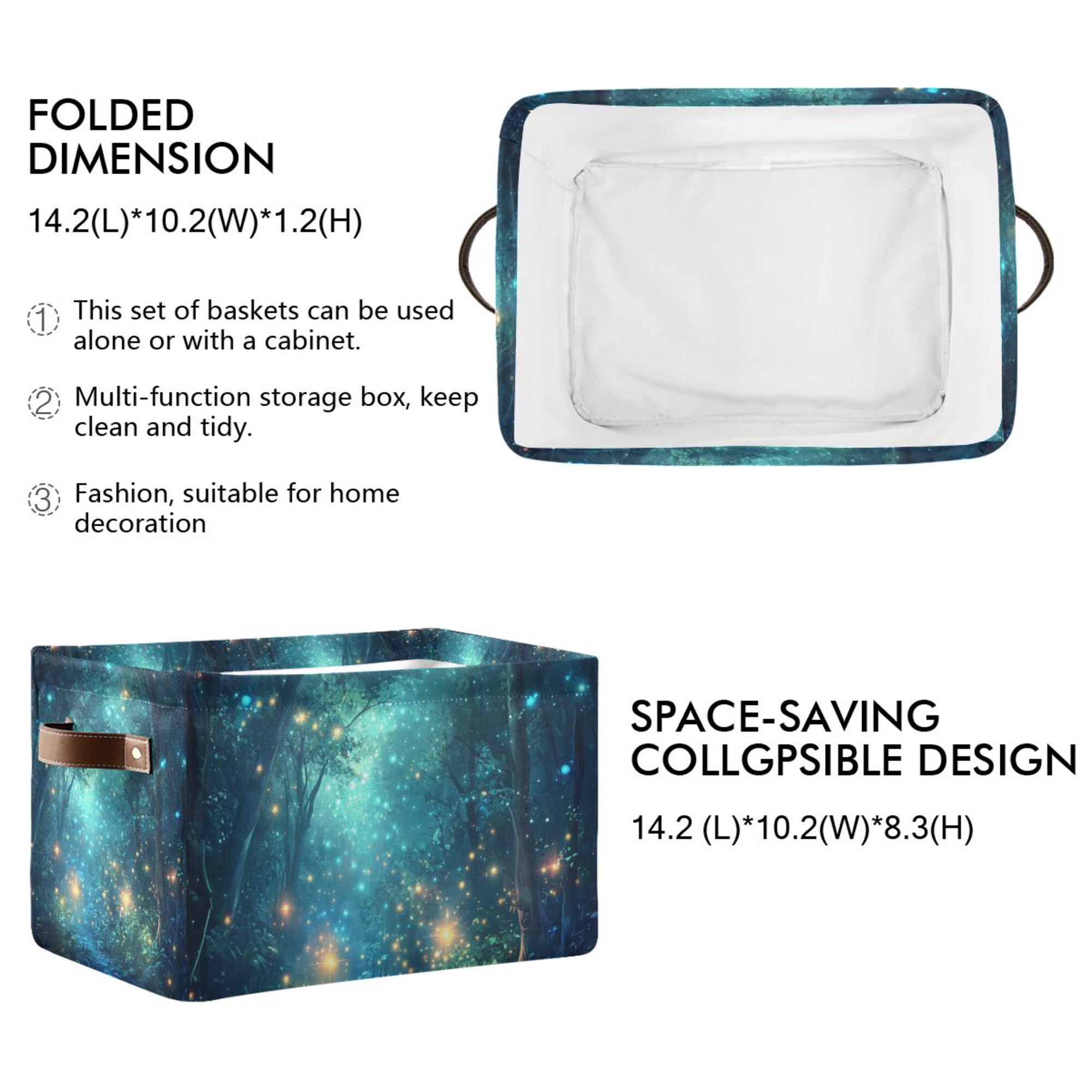 Yayeee Canvas Storage Basket with Handles for Shelves Fabric Bins Closet Organizer, Magical Forest Glowing Lights