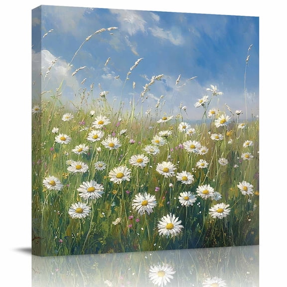 Summer Daisy Flower Grass Canvas Artwork Painting Art, Oil Painting Style Square Framed Wall Decorations Prints Picture for Bedroom Kitchen Living Room, 8x8 in