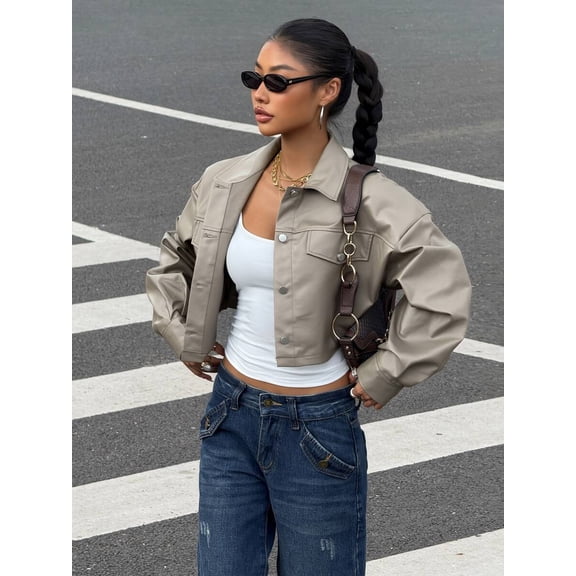 Women's Faux Leather Jacket Button Down Long Sleeve Cropped Moto Coat