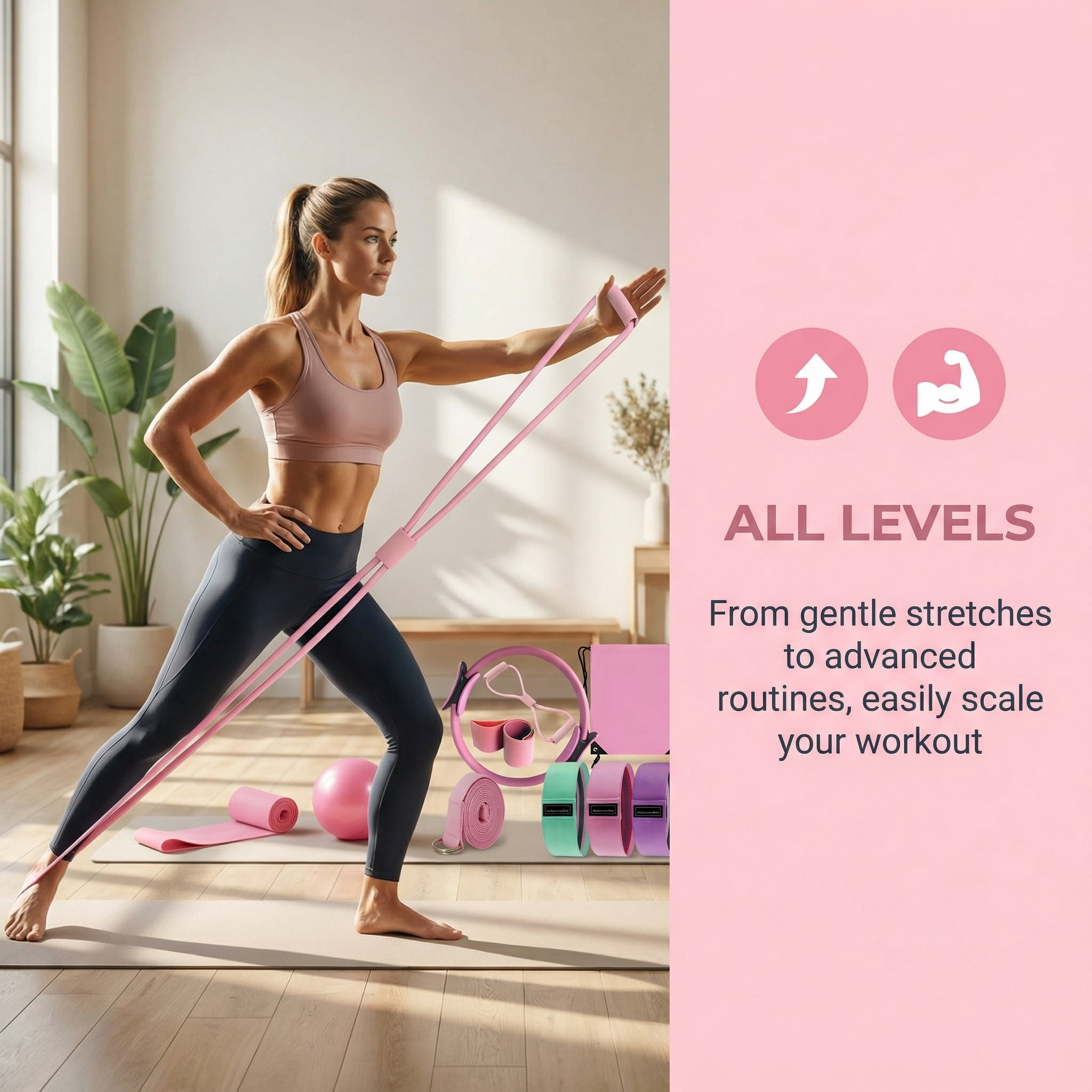 Pilates Equipment Kit for Home Workouts Angivlga  - 15in Pilates Ring, Ball Set, Booty  & Figure 8 Resistance Band - Pilates Essentials Kit for Women with Yoga  & Strap - Portable Pilates Set