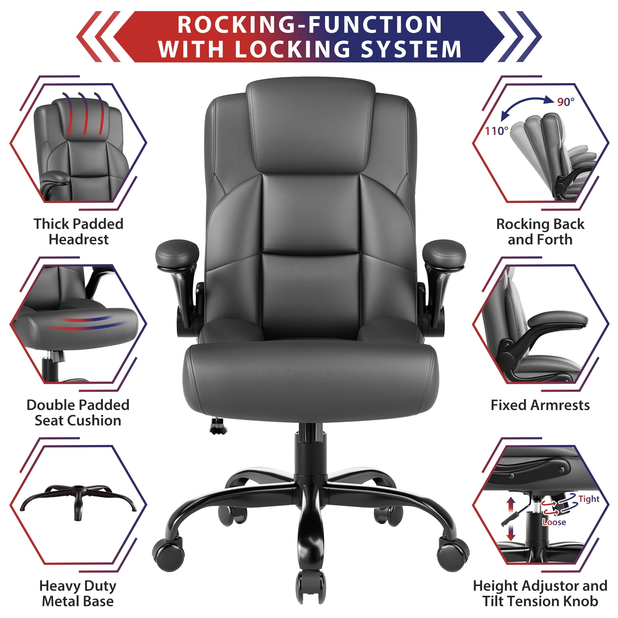 JONPONY Leather Office Chair, Big and Tall Office Chair 400LBS Wide Seat Ergonomic Computer Desk Chair High Back Executive Leather Chair Adjustable Task Chair Lumbar Back with 1-Year Warranty, Grey