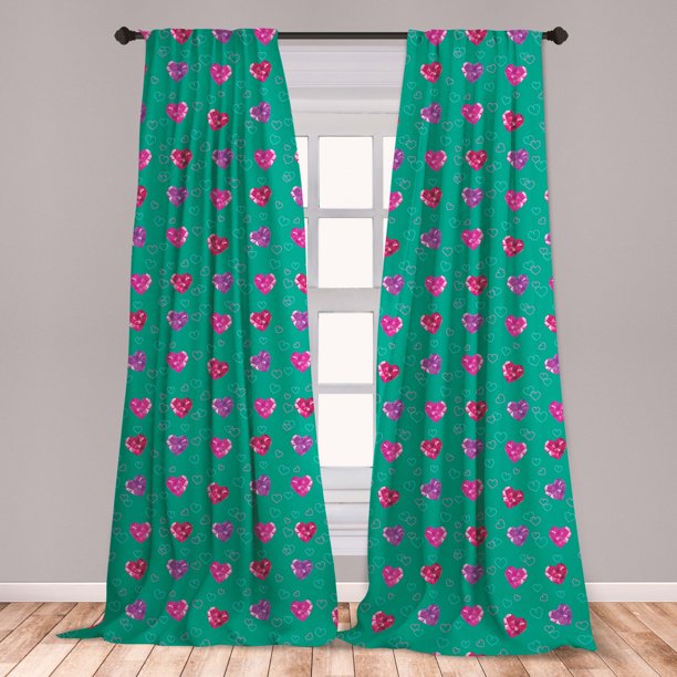 Teal Curtains 2 Panels Set, Crystal Hearts and Gemstone Valentine's Day