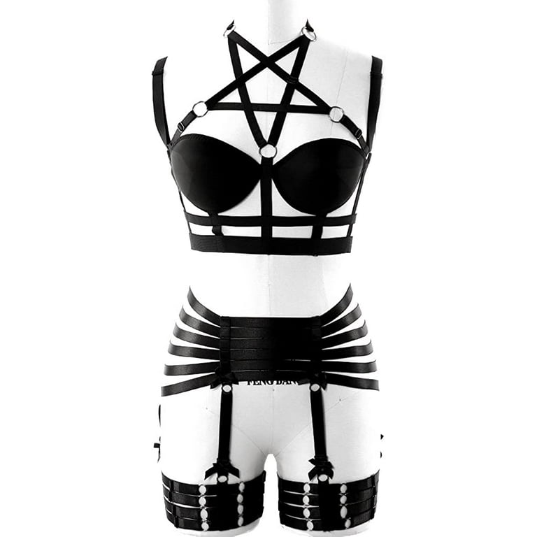 Womens Strappy Full Cage Body Harness Lingerie Garter Belt Set Elastic Hollow  Tops Bralette Punk Gothic Festival Rave Wear 