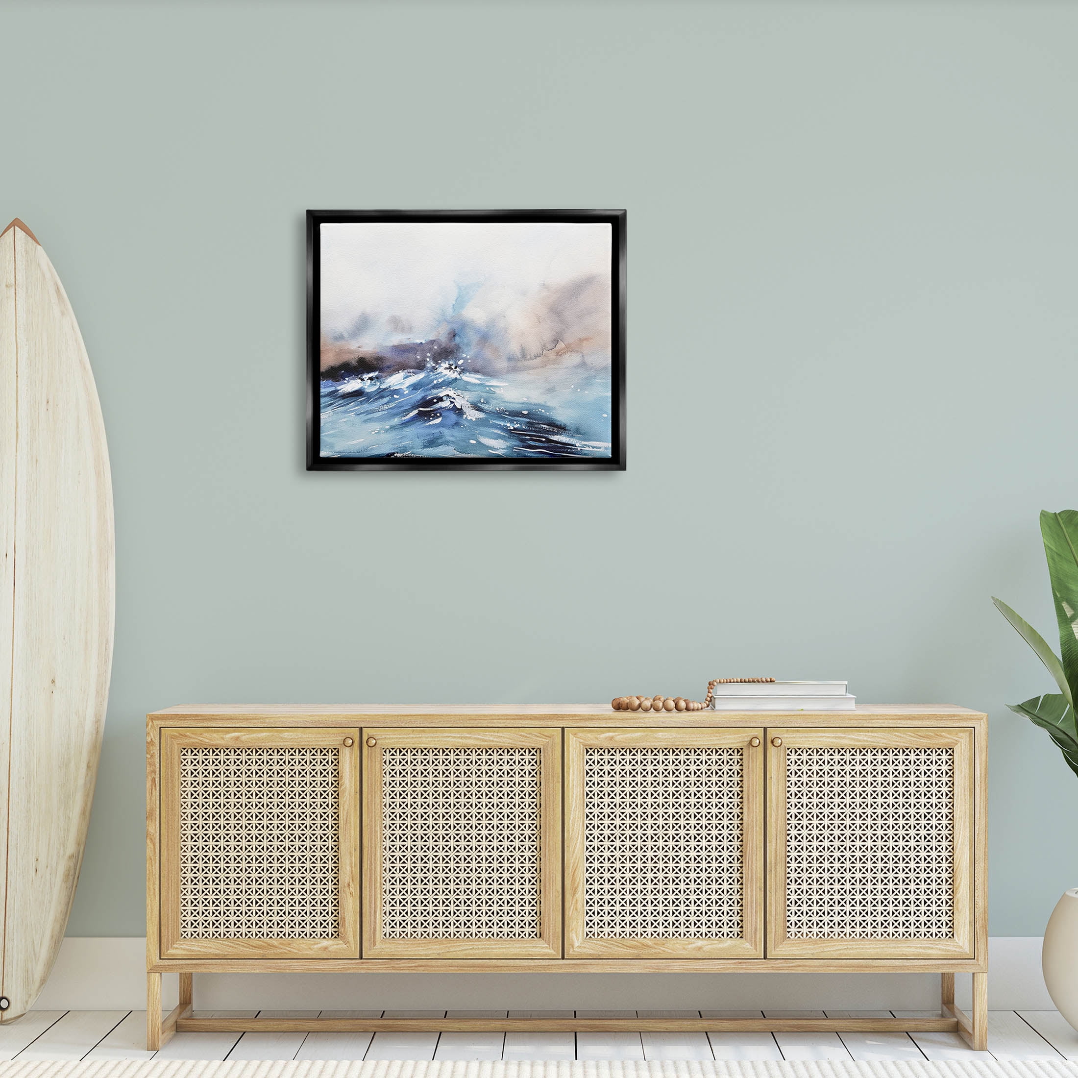 Abstract Crashing Ocean Waves Coastal Painting Jet Black Framed Art Print Wall Art